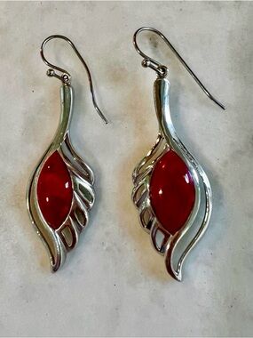 925 NF Sterling Silver Red Coral Dangle Earrings Thai Artisan Leaf Openwork 10g